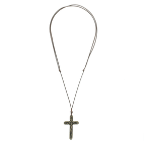 Cordão de Couro com Crucifixo Estilizado em Metal - Ouro Velho