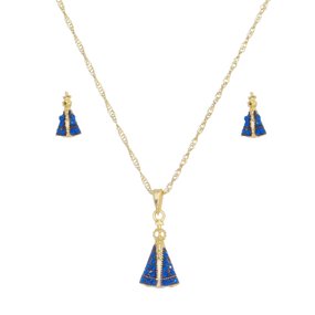Colar e Brinco Nossa Senhora Aparecida com Strass Azul