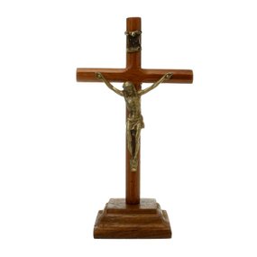 Crucifixo de Mesa Arredondado de Madeira e Jesus em Metal - Ouro Velho - 15cm
