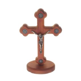 Crucifixo de Mesa de Madeira com Medalhas de Bento e Graças em Metal - 14cm