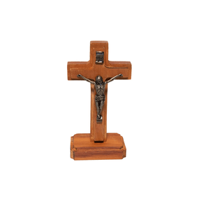 Crucifixo de Mesa em Madeira de Demolição com Metal - 13cm