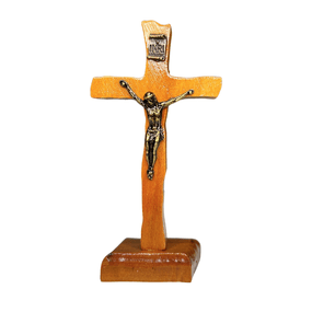 Crucifixo de Mesa em Madeira de Demolição Envernizado - 10cm