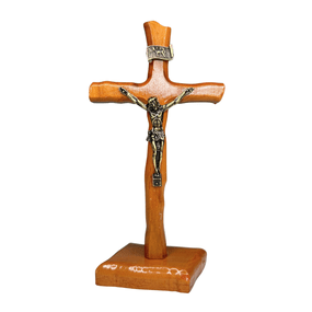 Crucifixo de Mesa em Madeira de Demolição Envernizado - 14cm