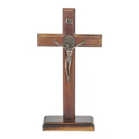 Crucifixo de Mesa Madeira Escura C/ Cristo e Medalha S. Bento 27cm