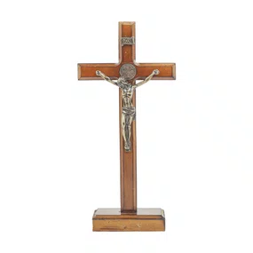 Crucifixo de Mesa Madeira Escura / Cristo e Medalha S.bento 19cm