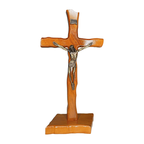 Crucifixo de Mesa em Madeira de Demolição com Metal - 27cm