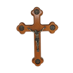 Crucifixo de Parede de Madeira com Medalhas de Bento e Graças em Metal - 13cm