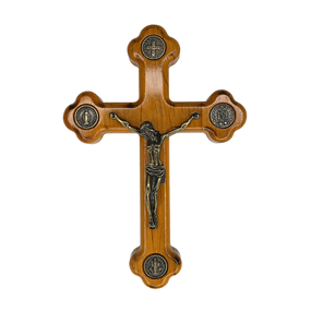 Crucifixo de Parede de Madeira com Medalhas de Bento e Graças em Metal - 19cm