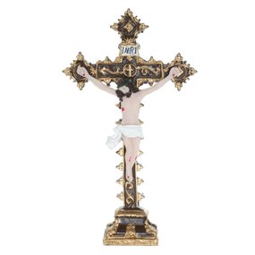 Crucifixo de Mesa em Resina Marrom Escuro e Dourado - 19cm