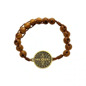 Dezena de Pulso com Medalha de São Bento e Contas de Madeira - Marrom