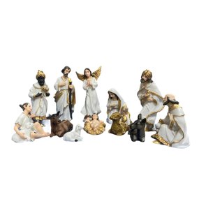 Presépio em resina branco e dourado 12 peças - 15cm