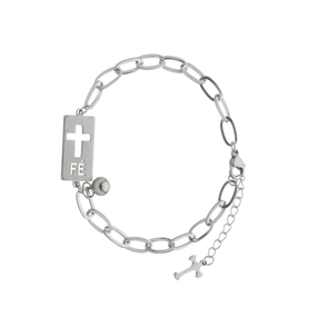 Pulseira com Medalha de Cruz Vazada e Palavra Fé em Inox - Prata
