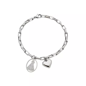 Pulseira Corrente Elos Quadrados com Pingentes Coração e Ns Aparecida de Inox