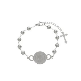 Pulseira da Medalha de São Bento com Contas e Detalhes de Coração em Inox