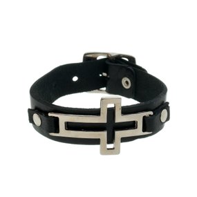 Pulseira de Couro com Cruz Vazada Níquel e Fivela - Preto