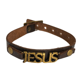 Pulseira de Couro Jesus Fina - Marrom