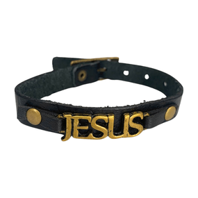 Pulseira de Couro Jesus Fina - Preta
