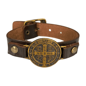 Pulseira de Couro Medalha de São Bento - Marrom