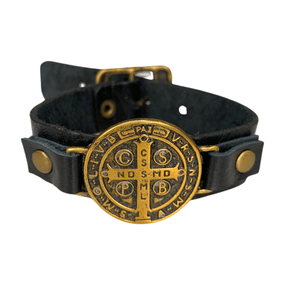 Pulseira de Couro Medalha de São Bento Ouro Velho - Preta