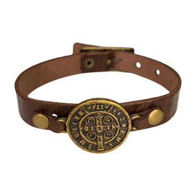 Pulseira de Couro Medalhas de São Bento Fina - Marrom
