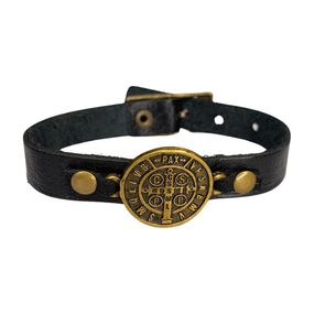 Pulseira de Couro com Medalha de São Bento Fina - Preta