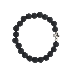 Pulseira de Elástico com Medalha de Cruz Fé e Contas Pretas - 3Un
