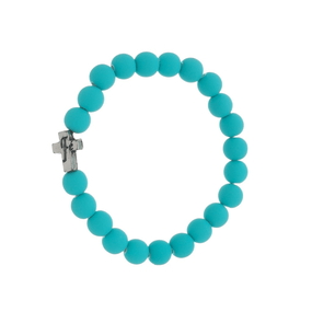 Pulseira de Elástico com Medalha de Cruz e Contas em Verde Claro - 3Un