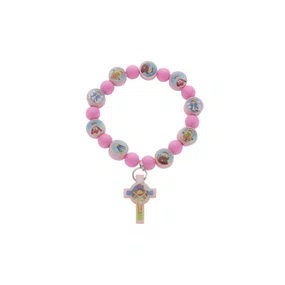 Pulseira de Elástico com Medalhas de Santos Variados - Rosa Claro