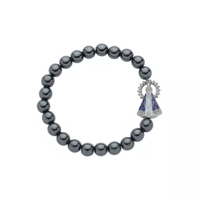 Pulseira de Nossa Senhora Aparecida com Elástico e Conta Pérola - Hematita