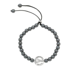 Pulseira com Medalha de Nossa Senhora Aparecida e Contas em Hematita - Prata