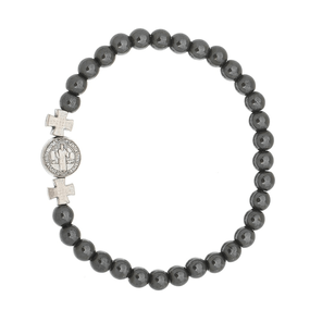 Pulseira com Medalha de São Bento e Contas em Hematita - Elástico