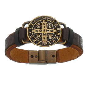 Pulseira de São Bento em Couro Marrom Legítimo com Fecho de Imã
