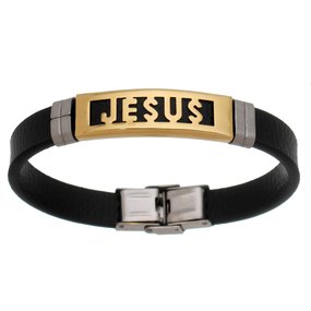 Pulseira em Couro Sintetico com Jesus Dourado em Metal