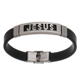 Pulseira em Couro Sintetico com Jesus em Inox
