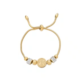 Pulseira em Inox Dourada com Berloques e Strass e Pingente da Medalha de São Bento