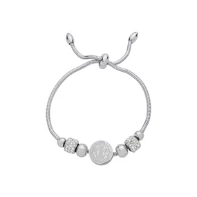 Pulseira em Inox Prata com Berloques e Strass e Pingente da Medalha de São Bento