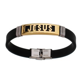 Pulseira de Silicone com Jesus em Metal - Dourado
