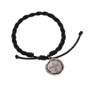 Pulseira da Medalha das Duas Cruzes Trançada Preta - 3Un