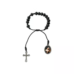 Pulseira Santa Rita de Cássia de Cristal Preto com Cruz e Medalha Resinada - 8mm