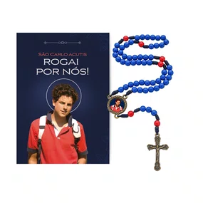 Terço com Folheto Carlos Acutis - Pérola Azul e Vermelho 6mm