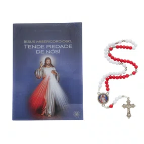 Terço com Folheto de Jesus Misericordioso e Santa Faustina - Branco e Vermelho