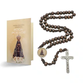 Terço com Folheto de Nossa Senhora Aparecida - Madeira Marrom Escuro 8mm