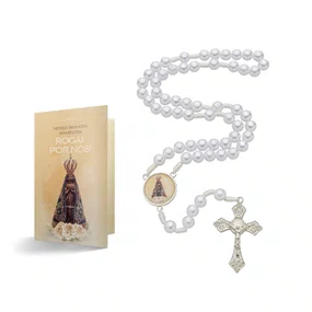 Terço com Folheto de Nossa Senhora Aparecida - Pérola Branca Abs 8mm