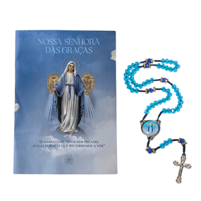 Terço com Folheto de Nossa Senhora das Graças - Cristal Azul