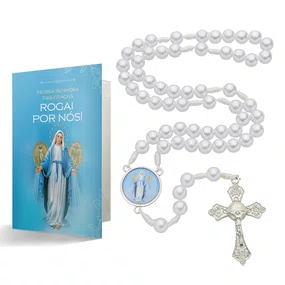 Terço com Folheto de Nossa Senhora Das Graças - Pérola Branca Abs 8mm