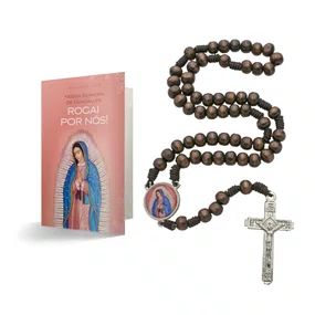 Terço com Folheto de Nossa Senhora de Guadalupe - Madeira Marrom Escuro 8mm