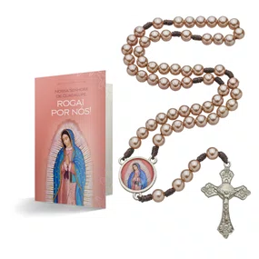 Terço com Folheto de Nossa Senhora de Guadalupe - Pérola Rosegold Abs 8mm