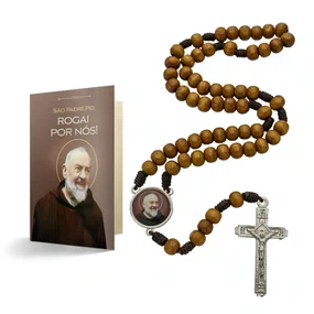 Terço com Folheto de Padre Pio - Madeira Marrom Claro 8mm