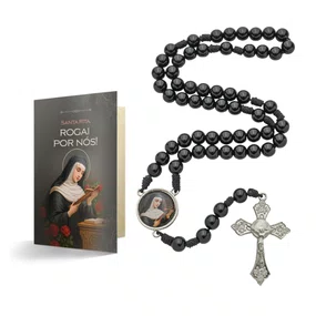 Terço com Folheto de Santa Rita - Pérola Preto 8mm