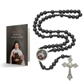 Terço com Folheto de Santa Teresinha - Pérola Preto 8mm